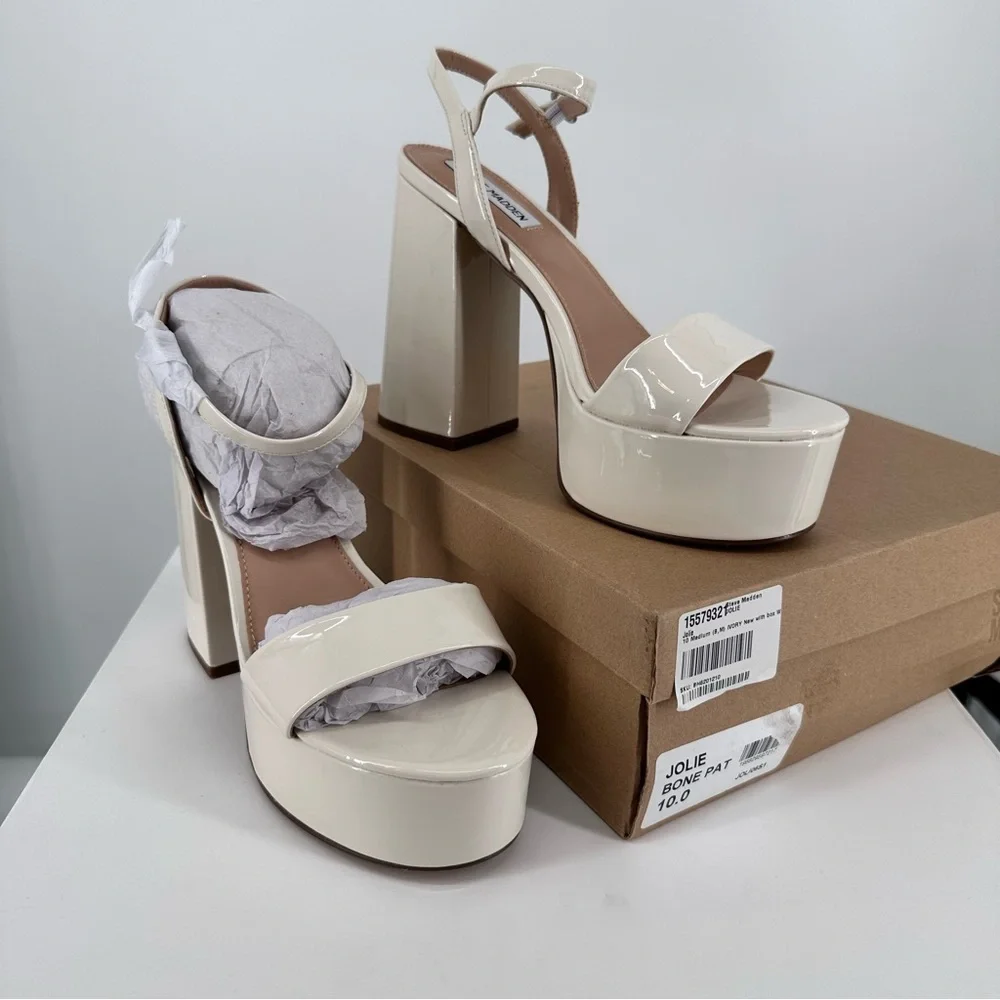Steve Madden Jolie Platform Ankle Strap Heeled Sandals in Bone Patent size 10